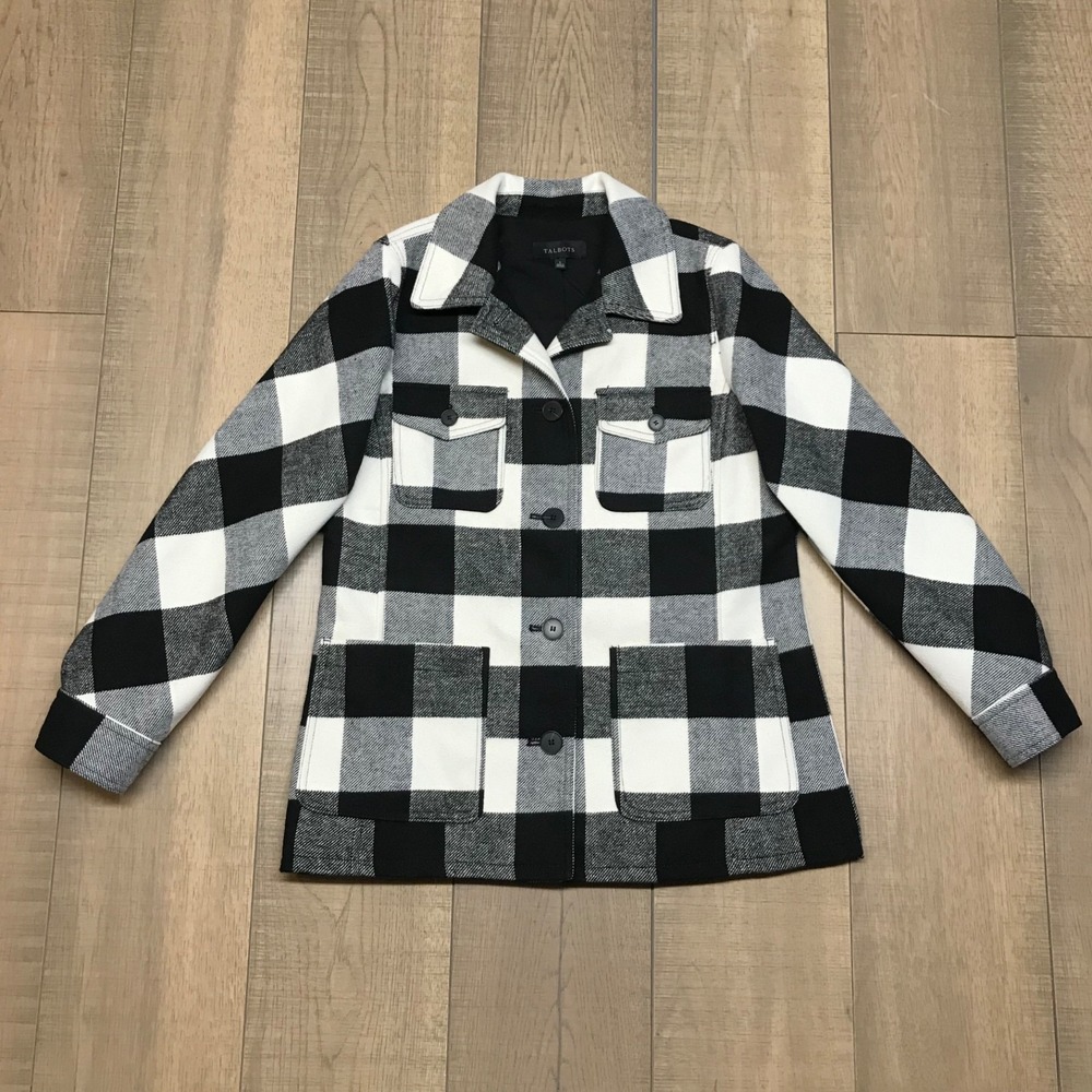 Talbots Shirt Jacket Womens Size S Black White Check Plaid Shacket Button Belle